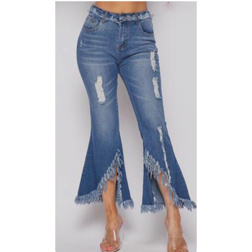 For the Republic Distressed Denim Bohemian Fun Flare Split Frayed Hem Jeans 30
